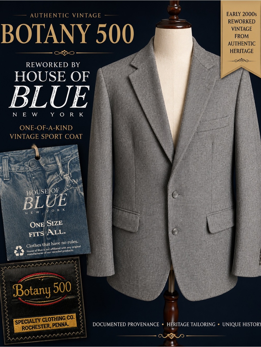 RARE House of Blue NY Reworked Botany 500 Vintage Blazer NWT Gray Wool Deadstock